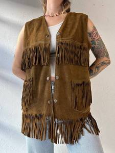 Gilet décontracté pour femme en cuir de vachette marron vintage, patchwork écologique, à franges, col en V, avec décorations à pampilles et perles cloutées - Product Image 3