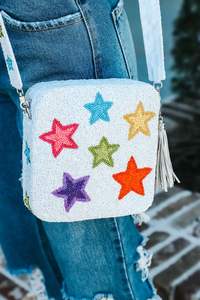 Bolso Bandolera Cuadrado de Lona Blanca con Cuentas de Semillas y Diseño de Estrella para Mujer, Hecho a Mano con Cuentas, Bolso de Viaje con Correa Extraíble - Product Image 3