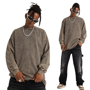 Moda cuello redondo básico Vintage lavado sudaderas 380g hombres desgastados jerséis sueltos - Product Image 1