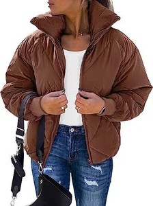 Veste matelassée courte pour femme, col montant, fermeture éclair, rembourrage épais, couleur unie, vêtement d'extérieur d'hiver - Product Image 4