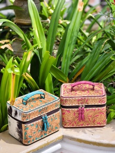 High Quality Designer Hand Tooled Genuine Leather Make-Up Bag Square Shape <b>Case</b> Women Jewelry Box Vintage Style Travel Portable - Product Image 4
