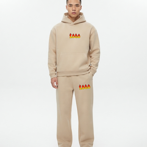 Ensemble de survêtement OEM personnalisé beige, comprenant un sweat à capuche oversize sans cordon et un pantalon de jogging ample de haute qualité pour hommes - Product Image 1
