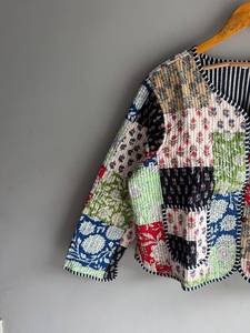 Floral Patchwork Quilted Cotton Jacket Women V Neck Three Quarter Sleeve Autumn Outerwear Casual Cardigan gift for her - Product Image 5