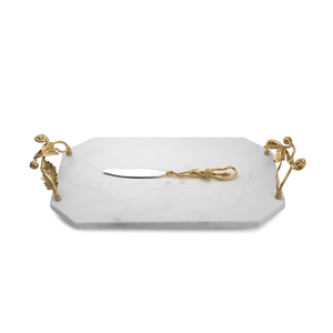 Plateau à fromage en marbre blanc, best-seller, avec poignées en laiton ornées de feuilles, élégant plateau de service design pour la décoration de la maison - Product Image 1