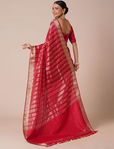 KV Women's Silk Blend <b>Red</b> Stripes Woven Designer <b>Saree</b> With Unstitched - Product Image 2