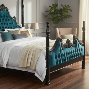 Luxury Royal <b>Deep</b> Blue Velvet Tufted Bed <b>Frame</b> with Crystal Buttons - Hand-Carved Classic European Style Queen King 2204450 - Product Image 5
