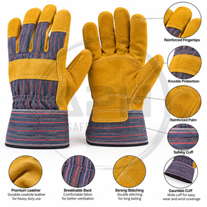 Heavy Duty Yellow Split Cowhide Leather Rigger Gloves Striped Canvas Back Rubberized Cuff Industrial <b>Builder</b> Mechanic Work Glove - Product Image 5