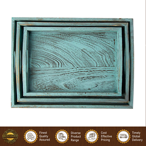 Juego de 3 bandejas para servir comida de madera maciza de mango, color azul quemado antiguo, hechas a mano, de alta calidad y gran venta, a precio directo de fábrica. - Product Image 3