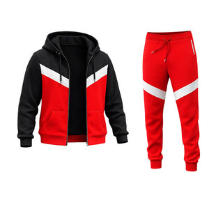 Men’s Red Black Contrast Hoodie Tracksuit Set with <b>Zip</b> <b>Up</b> <b>Jacket</b> and Slim Fit Jogger Pants Casual Sportswear Outfit - Product Image 2