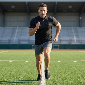 Chemise de sport à manches courtes pour homme, col montant, compression, séchage rapide, coupe ajustée, tricot en polyester, couleur unie - Product Image 5
