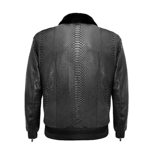 Blouson aviateur unisexe en cuir de luxe noir gaufré python, col rond, imperméable et respirant - Product Image 3