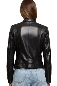 Chaqueta de Motociclista de Cuero PU para Mujer, Manga Larga, Cierre de Cremallera, Cuello Alto, Color Sólido, Estilo Otoñal - Product Image 3