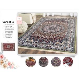 Tapis/Carpette 8x12FT en polyester doux à poils ras, fabriqué à la machine, motif médaillon oriental, avec envers en caoutchouc, durable, pour salon domestique - Product Image 1