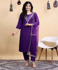 Ensemble haut et bas en coton brodé fantaisie avec dupatta, tenue de fête, prix de gros, vêtement ethnique, violet - Product Image 1