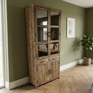 Vintage <b>Reclaimed</b> <b>Timber</b> Glass Door Cabinet With Drawers Rustic Display Bookcase Storage Cabinet Furniture For Living Room - Product Image 2