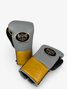 ถุงมือฝึกซ้อม No Boxing No Life สีเทาอ่อนและสีดำทอง ถุงมือชกมวยดีไซน์ใหม่แบบผูกเชือก ผลิตตามสั่ง - Product Image 2