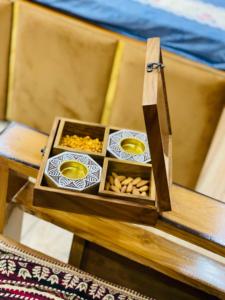 Handmade Polished Solid Wood Square Storage <b>Box</b> and Diwali <b>Hamper</b> with Divided Compartments for Nuts and 2-T Light Candle Holder - Product Image 4