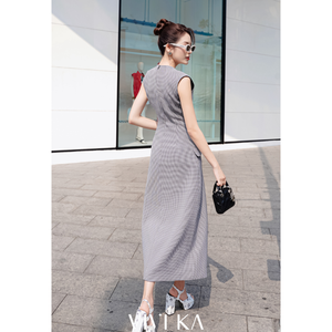 Vestido Midi VIVIKA de Tweed Sólido con Botones Delanteros, Abertura Lateral, Silueta Evase, Ajustado, para Fiesta, Cintura Alta, Forro de Seda, Primavera - Product Image 2
