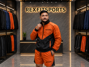 REXFIT SPORTS 2026 Ensemble veste et short en nylon orange et noir pour homme, fermeture éclair intégrale, color block, vêtements de sport, marque privée - Product Image 3