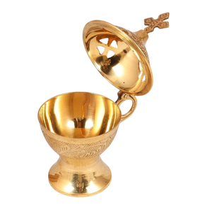 Brûleur d'encens artisanal en laiton pur avec couvercle en croix, style byzantin traditionnel, pour la liturgie religieuse et la maison, finition or antique gravée, idéal pour hôtel - Product Image 1