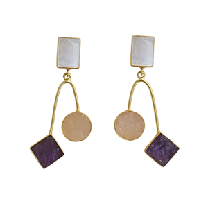 Pendientes de moda al por mayor con triple piedra, chapados en oro, con amatista semipreciosa, cuarzo rosa y nácar. - Product Image 6