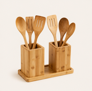 Porte-ustensiles de cuisine écologique à double compartiment, support à couverts en bois, résistant à la chaleur et antiadhésif, sûr et biologique, en promotion - Product Image 2