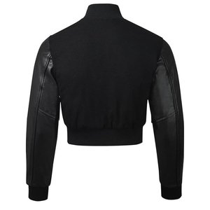 เสื้อแจ็คเก็ตวาร์ซิตี้แบบครอปสำหรับผู้หญิง แขนหนังแท้ ตัวเสื้อผ้าขนสัตว์ ย้อมสีพื้น ดีไซน์แบบเลตเตอร์แมน ขายส่ง - Product Image 6