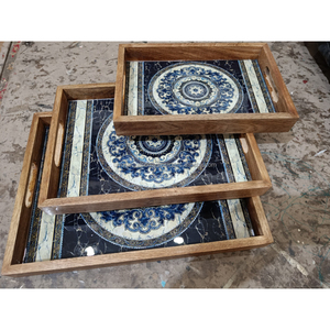 Juego de bandejas de servir de madera de mango hechas a mano con estampado botánico tropical de flamencos, bandejas decorativas de madera para desayuno y servicio. - Product Image 5