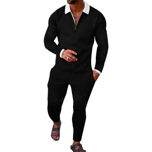 Ensemble de survêtement de luxe noir texturé pour homme – Ensemble de performance haut de gamme deux pièces avec pull polo à quart de zip - Product Image 1