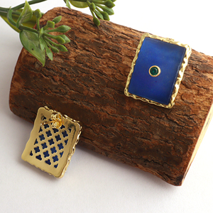 Trendy blue jade rectangle <b>stud</b> earrings with <b>emerald</b> cubic zirconia inlay gold plated textured brass statement jewelry for Gift - Product Image 1