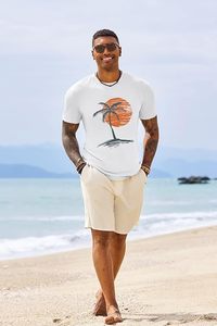 T-shirt en coton blanc pour homme avec imprimé palmier et coucher de soleil, manches courtes, col rond, coupe décontractée, tissu jersey respirant - Product Image 6