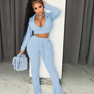 Women Sexy Zip up <b>Crop</b> Hoodie Heavyweight Quick Dry Two Piece Set Solid Long <b>Pants</b> Streetwear Outfit - Product Image 6
