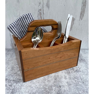 Royal Style Mango Wood <b>Kitchen</b> Utensils Holder Napkin Caddy with Handle 3 Compartment Dining <b>Table</b> Wooden Cutlery Holder - Product Image 5