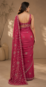 Sari indien en georgette pour mariée, broderie florale, tenue de mariage, sari traditionnel pour fête, couleur magenta, pour femmes - Product Image 4