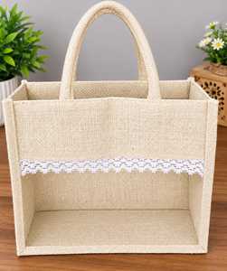 Sac fourre-tout en jute avec garniture en dentelle blanche, style bohème, sac à poignée ouverte pour usage quotidien - Product Image 1