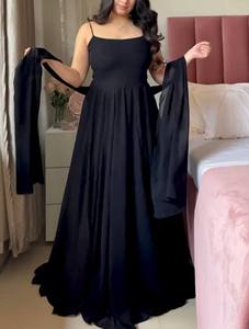 Vestido de Noche Negro Largo con Corte en A, Cintura Imperio, de Gasa, con Encaje Elegante, Sin Tirantes, de Georgette Sintética Pura, para Boda y Eventos Formales para Mujer - Product Image 3