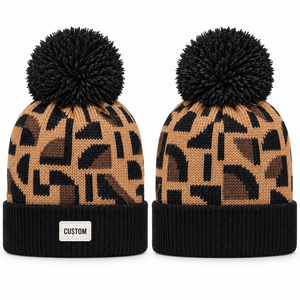 Bonnet en tricot imprimé léopard avec pompon et logo personnalisé, casquette d'hiver à revers motif animal, style streetwear, vente en gros B2B - Product Image 1