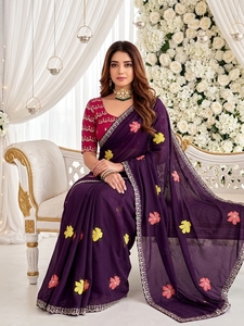 AARA Fashion Purple Floral Embroidered Rayon Saree Pink <b>Blouse</b> for Women Sun Protection All Seasons Traditional Wedding Wear - Product Image 2