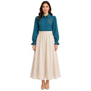 Ensemble Blouse et Jupe Longue Brodé Personnalisé pour Femme, Teal et Beige, Manches Longues, Boutonné, Taille Haute, Tenue Modeste Deux Pièces OEM - Product Image 1