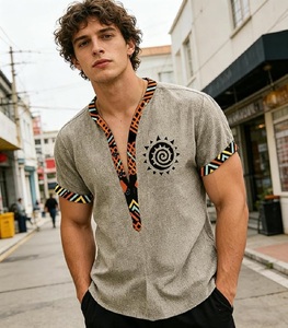 Men's Polyester/Cotton <b>Turtleneck</b> Short Sleeve Garment Dyed Woven T-Shirt with Geometric Print Contrast Trim Casual Top - Product Image 3
