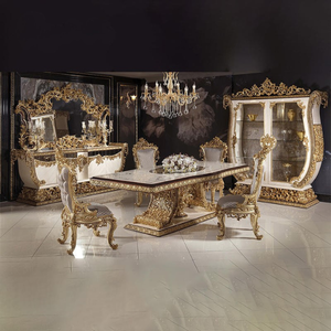 Ensemble de table à manger de luxe au design européen, en bois de mahogany massif, sculpté à la main avec feuille d'or, mobilier de salle à manger pour hôtel de villégiature - Product Image 1