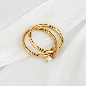 Bague élégante en acier inoxydable empilable avec pendentif multi-bandes en perles blanches, plaqué or, bijou géométrique tendance, cadeau - Product Image 2