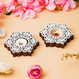 White Brown Wooden Floral <b>Printing</b> Block Decorative Tea Light Candle Holders, Diya <b>Stands</b> | Tea Light Holders | Christmas Diwali - Product Image 4
