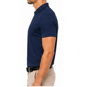 Polo en tricot à manches courtes bleu marine pour homme avec fermeture éclair, style décontracté chic, couleur unie, coupe classique, séchage rapide - Product Image 4