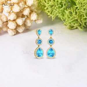 Three Stone Halo <b>Earrings</b> 6.14 CTW Prong Set Swiss Blue Topaz & Diamond Dangling Drop <b>Earrings</b> with Solid 14k Gold Wholesale Lot - Product Image 4