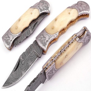 มีดพับลายดามัสกัส Trend Blades ด้ามกระดูก มีดพกพา EDC พร้อมซองหนัง - Product Image 1
