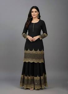 Costume Anarkali traditionnel noir pour femmes avec broderie dorée, longueur au sol, en coton, pour les occasions spéciales, style Inde Pakistan - Product Image 2