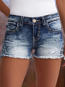 Shorts de Mezclilla Desgastados de Cintura Media para Mujer, con Dobladillo Deshilachado, Cierre con Cordón, Transpirables, 100% Algodón, Estilo Deportivo, Logotipo Personalizado - Product Image 1