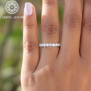 Charm_Jewells Women's 925 <b>Silver</b> Moissanite Eternity <b>Band</b> <b>Ring</b> Round Brilliant Cut Pave Setting Classic Style Wedding <b>Ring</b> - Product Image 6