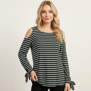 Haut à manches longues rayé pour femme, col rond, tricoté, 100 % coton, décontracté, collection printemps-été, Bangladesh - Product Image 4